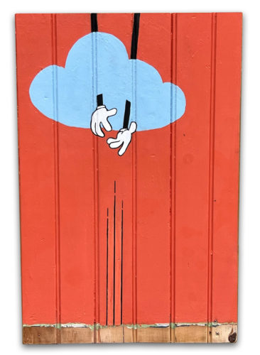 photo of painting: Butterfingers. blue cloud with arms coming out on red background.