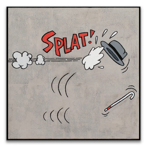 A comic-style painting with the word "SPLAT!", a flying fedora hat, and a falling white cane.