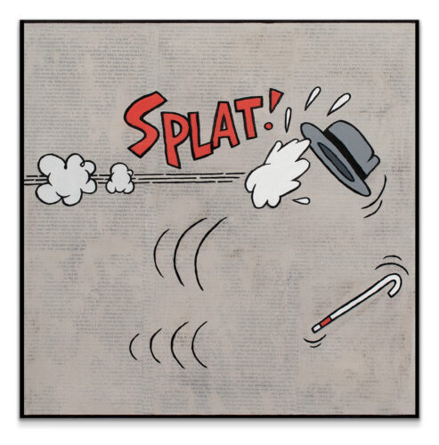 A comic-style painting with the word "SPLAT!", a flying fedora hat, and a falling white cane.