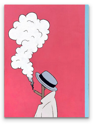 Painting of a coat rack with a hat and a trench coat. Smoke is billowing from an exposed peg.