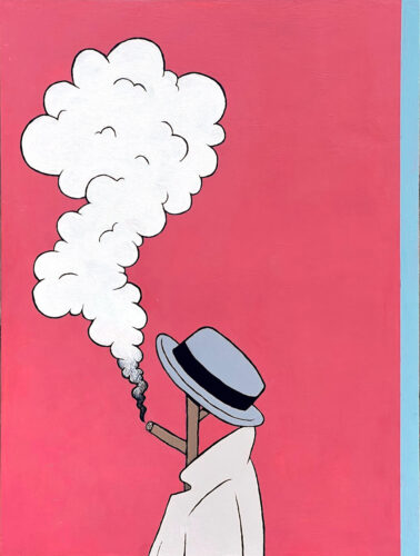 a painting in a cartoon style. Salmon red background with a narrow light blue vertical line on the right side. In the center there is a brown coat rack with a gray derby hat and beige trenchcoat on it. one of the arms of the rack is on fire with a large white puffy cloud above it.