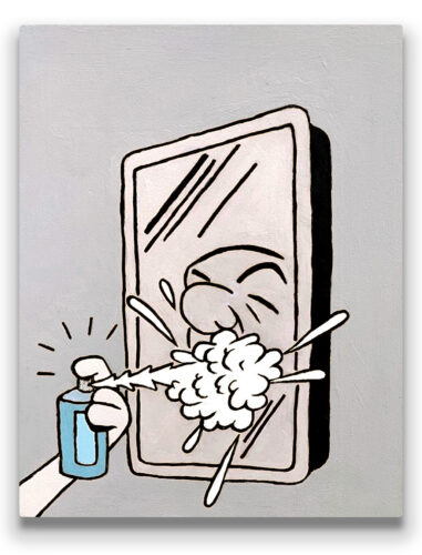 A comic-style painting of a mirror with a face, and a hand spraying foam from a blue can.