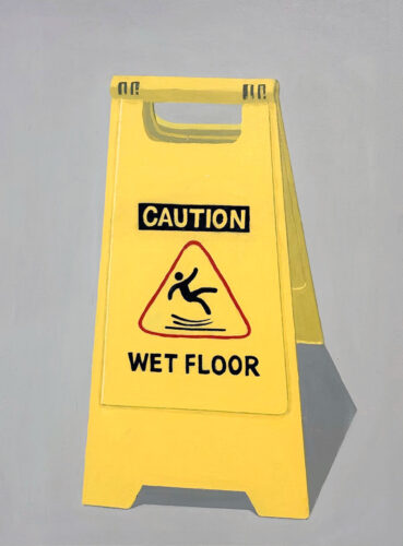 Painting of a yellow wet floor caution sign on a gray background.