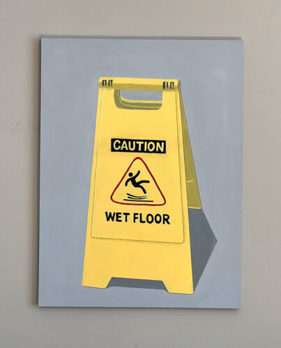 A 18" x 24" hard edge painting of a yellow folding sign that reads "CAUTION Wet Floor" with a red triangle that has a back fallowing figure silhouette falling. 