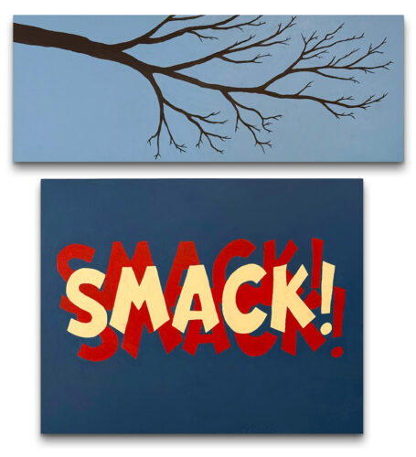 Diptych of two paintings: a tree branch on a pale blue background above. Below, "SMACK!" in yellow on a red and blue background.