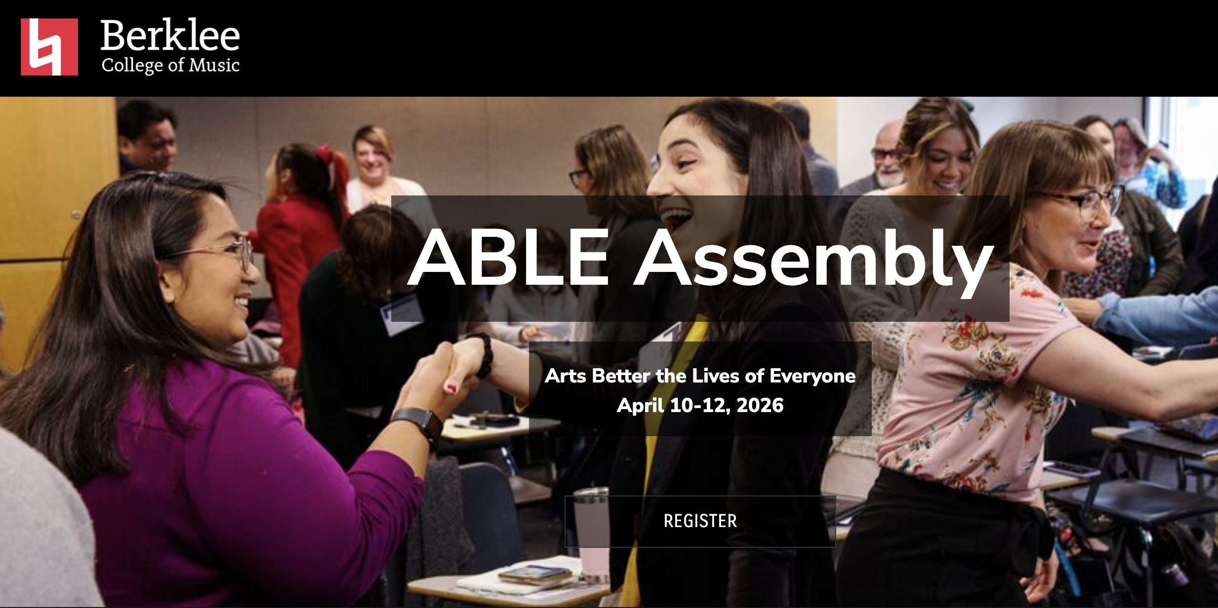 Photo of people shaking hands at a conference with text that reads: ABE Assembly April 10 -12, 2026
