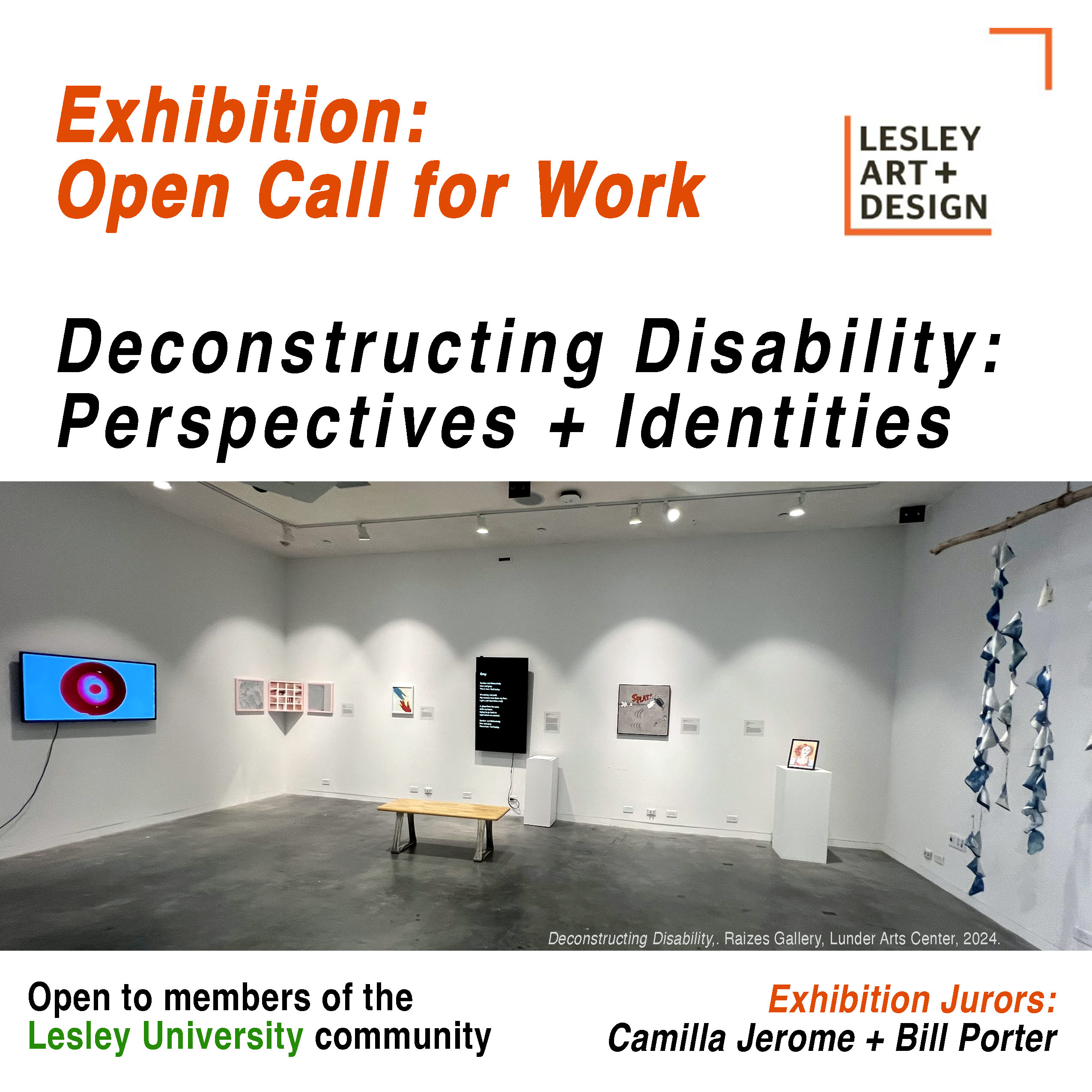 Exhibition invitation for "Deconstructing Disability: Perspectives + Identities" at Lesley University with gallery image.